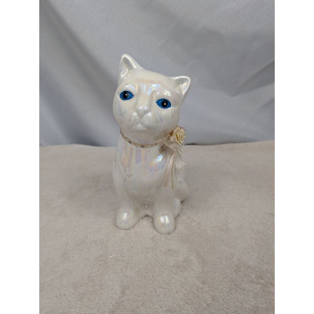 Vintage Iridescent White Cat Figurine Blue Eyes Ceramic 6" Lusterware Kitsch Ret